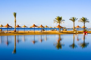 Plaja, mare, coasta, palmieri, umbrele, Hurghada, Egipt